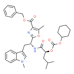 ChemSpider 2D Image | Benzyl 2-[(1R)-1-{[(2S)-2-{[(cyclohexyloxy)carbonyl]oxy}-4-methylpentanoyl]amino}-2-(1-methyl-1H-indol-3-yl)ethyl]-5-methyl-1,3-oxazole-4-carboxylate | C36H43N3O7