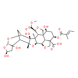 ChemSpider 2D Image | (1S,4S,5R,6S,7R,8R,10S,12S,16R,18S,19R,22S,23R,25S,26R)-7,12,14,25-Tetrahydroxy-4-(methoxycarbonyl)-6,16-dimethyl-23-{[(2E)-2-methyl-2-butenoyl]oxy}-3,9,11,17,20-pentaoxaoctacyclo[17.6.1.1~8,15~.0~1,5
~.0~6,18~.0~7,16~.0~10,14~.0~22,26~]heptacosane-22-carboxylic acid | C32H42O15