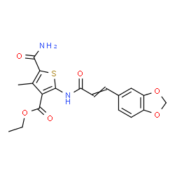 ChemSpider 2D Image | Ethyl 2-{[3-(1,3-benzodioxol-5-yl)acryloyl]amino}-5-carbamoyl-4-methyl-3-thiophenecarboxylate | C19H18N2O6S