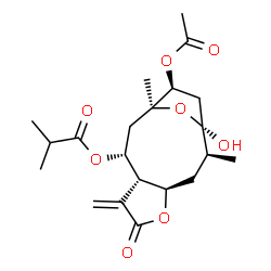 ChemSpider 2D Image | (1S,2S,4R,8S,9R,11S,12S)-12-Acetoxy-1-hydroxy-2,11-dimethyl-7-methylene-6-oxo-5,14-dioxatricyclo[9.2.1.0~4,8~]tetradec-9-yl 2-methylpropanoate | C21H30O8