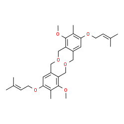 ChemSpider 2D Image | 1,8-Dimethoxy-2,9-dimethyl-3,10-bis[(3-methyl-2-buten-1-yl)oxy]-5,7,12,14-tetrahydrodibenzo[c,h][1,6]dioxecine | C30H40O6