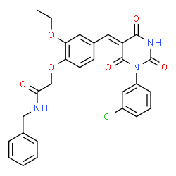 ChemSpider 2D Image | N-Benzyl-2-(4-{(Z)-[1-(3-chlorophenyl)-2,4,6-trioxotetrahydro-5(2H)-pyrimidinylidene]methyl}-2-ethoxyphenoxy)acetamide | C28H24ClN3O6