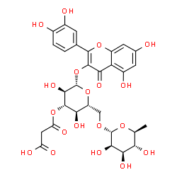 ChemSpider 2D Image | 2-(3,4-Dihydroxyphenyl)-5,7-dihydroxy-4-oxo-4H-chromen-3-yl 3-O-(carboxyacetyl)-6-O-(6-deoxy-alpha-L-mannopyranosyl)-beta-D-glucopyranoside | C30H32O19
