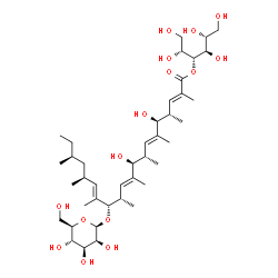 ChemSpider 2D Image | 3-O-[(2E,4S,5S,6E,8S,9S,10E,12S,13S,14E,16S,18S)-5,9-Dihydroxy-13-(beta-D-mannopyranosyloxy)-2,4,6,8,10,12,14,16,18-nonamethyl-2,6,10,14-icosatetraenoyl]-D-mannitol | C41H72O15
