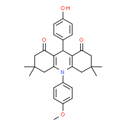 ChemSpider 2D Image | 9-(4-Hydroxyphenyl)-10-(4-methoxyphenyl)-3,3,6,6-tetramethyl-3,4,6,7,9,10-hexahydro-1,8(2H,5H)-acridinedione | C30H33NO4