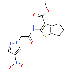 ChemSpider 2D Image | Methyl 2-{[(4-nitro-1H-pyrazol-1-yl)acetyl]amino}-5,6-dihydro-4H-cyclopenta[b]thiophene-3-carboxylate | C14H14N4O5S