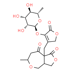 ChemSpider 2D Image | 4-[(6-Methyl-1,8-dioxotetrahydro-1H,3H-furo[3,4-c]oxepin-8a(6H)-yl)methyl]-2-oxo-2,5-dihydro-3-furanyl 6-deoxy-alpha-L-mannopyranoside | C20H26O11