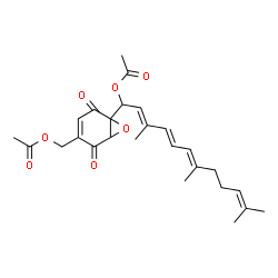 ChemSpider 2D Image | (2E,4E,6E)-1-[4-(Acetoxymethyl)-2,5-dioxo-7-oxabicyclo[4.1.0]hept-3-en-1-yl]-3,7,11-trimethyl-2,4,6,10-dodecatetraen-1-yl acetate | C26H32O7