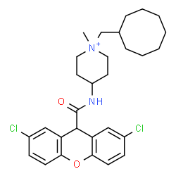 ChemSpider 2D Image | 1-(Cyclooctylmethyl)-4-{[(2,7-dichloro-9H-xanthen-9-yl)carbonyl]amino}-1-methylpiperidinium | C29H37Cl2N2O2