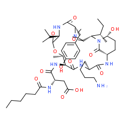ChemSpider 2D Image | N-[(2S,5S,8S,11R,12S,15S,18S,21R)-15-(4-Aminobutyl)-2-[(2S)-2-butanyl]-21-hydroxy-5-(4-hydroxybenzyl)-8-isopropyl-4,11-dimethyl-3,6,9,13,16,22-hexaoxo-10-oxa-1,4,7,14,17-pentaazabicyclo[16.3.1]docos-1
2-yl]-N~2~-hexanoyl-L-alpha-asparagine | C46H72N8O13