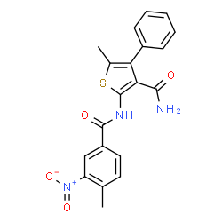 ChemSpider 2D Image | 5-Methyl-2-[(4-methyl-3-nitrobenzoyl)amino]-4-phenyl-3-thiophenecarboxamide | C20H17N3O4S