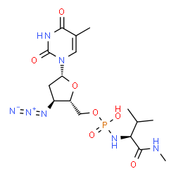 ChemSpider 2D Image | [(2S,3S,5R)-3-Azido-5-(5-methyl-2,4-dioxo-3,4-dihydro-1(2H)-pyrimidinyl)tetrahydro-2-furanyl]methyl hydrogen [(2S)-3-methyl-1-(methylamino)-1-oxo-2-butanyl]phosphoramidate | C16H26N7O7P