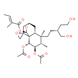 ChemSpider 2D Image | (1R,3R,4S,5R,6R,8R,10R,11R)-2,3-Diacetoxy-5-[(3S)-5-hydroxy-3-(hydroxymethyl)pentyl]-4,5-dimethylspiro[12-oxatricyclo[6.2.2.0~1,6~]dodecane-10,2'-oxiran]-11-yl (2E)-2-methyl-2-butenoate | C29H44O10