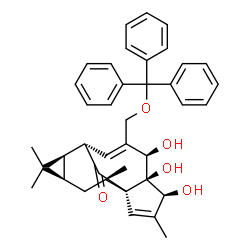 ChemSpider 2D Image | (1S,4S,5R,6R,9S,10R,12R,14R)-4,5,6-Trihydroxy-3,11,11,14-tetramethyl-7-[(trityloxy)methyl]tetracyclo[7.5.1.0~1,5~.0~10,12~]pentadeca-2,7-dien-15-one | C39H42O5