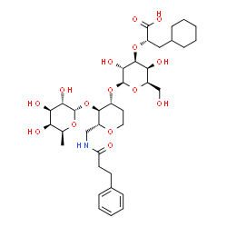 ChemSpider 2D Image | 3-O-[(1S)-1-Carboxy-2-cyclohexylethyl]-beta-D-galactopyranosyl-(1->3)-[6-deoxy-alpha-L-galactopyranosyl-(1->4)]-1,5-anhydro-2,6-dideoxy-6-[(3-phenylpropanoyl)amino]-D-arabino-hexitol | C36H55NO15