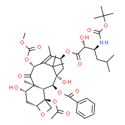 ChemSpider 2D Image | (2alpha,5beta,7beta,10beta,13alpha)-4-(acetyloxy)-13-({(2R,3S)-3-[(tert-butoxycarbonyl)amino]-2-hydroxy-5-methylhexanoyl}oxy)-1,7-dihydroxy-10-[(methoxycarbonyl)oxy]-9-oxo-5,20-epoxytax-11-en-2-yl benzoate | C43H59NO16