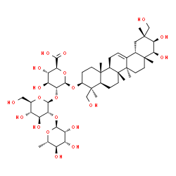 ChemSpider 2D Image | (2S,3S,4S,5R,6R)-6-[[(3S,4S,4aR,6aR,6bS,8aR,9S,10R,11R,12aS,14aR,14bR)-9,10-dihydroxy-4,11-bis(hydroxymethyl)-4,6a,6b,8a,11,14b-hexamethyl-1,2,3,4a,5,6,7,8,9,10,12,12a,14,14a-tetradecahydropicen-3-yl]oxy]-5-[(2S,3R,4S,5S,6R)-4,5-dihydroxy-6-(hydroxymethyl)-3-[(2S,3R,4R,5R,6S)-3,4,5-trihydroxy-6-methyl-tetrahydropyran-2-yl]oxy-tetrahydropyran-2-yl]oxy-3,4-dihydroxy-tetrahydropyran-2-carboxylic acid | C48H78O20
