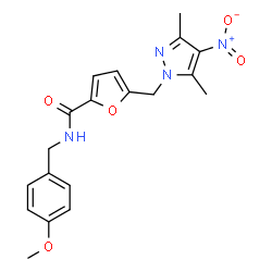 ChemSpider 2D Image | 5-[(3,5-Dimethyl-4-nitro-1H-pyrazol-1-yl)methyl]-N-(4-methoxybenzyl)-2-furamide | C19H20N4O5