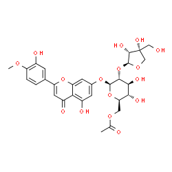 ChemSpider 2D Image | 5-Hydroxy-2-(3-hydroxy-4-methoxyphenyl)-4-oxo-4H-chromen-7-yl 6-O-acetyl-2-O-[(2S,3R,4R)-3,4-dihydroxy-4-(hydroxymethyl)tetrahydro-2-furanyl]-beta-D-glucopyranoside | C29H32O16