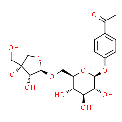 ChemSpider 2D Image | 4-Acetylphenyl 6-O-[(2R,3R,4R)-3,4-dihydroxy-4-(hydroxymethyl)tetrahydro-2-furanyl]-beta-D-glucopyranoside | C19H26O11