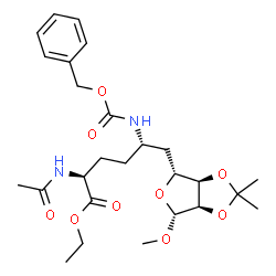 ChemSpider 2D Image | Ethyl (5S)-N-acetyl-5-{[(benzyloxy)carbonyl]amino}-6-[(3aR,4R,6R,6aR)-6-methoxy-2,2-dimethyltetrahydrofuro[3,4-d][1,3]dioxol-4-yl]-L-norleucinate | C26H38N2O9