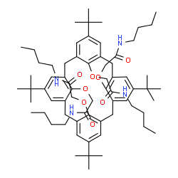 ChemSpider 2D Image | 2,2',2'',2'''-{[5,11,17,23-Tetrakis(2-methyl-2-propanyl)pentacyclo[19.3.1.1~3,7~.1~9,13~.1~15,19~]octacosa-1(25),3(28),4,6,9(27),10,12,15(26),16,18,21,23-dodecaene-25,26,27,28-tetrayl]tetrakis(oxy)}te
trakis(N-butylacetamide) | C68H100N4O8