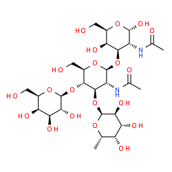 ChemSpider 2D Image | 6-Deoxy-alpha-L-galactopyranosyl-(1->3)-[beta-D-galactopyranosyl-(1->4)]-2-acetamido-2-deoxy-beta-D-glucopyranosyl-(1->3)-2-acetamido-2-deoxy-alpha-D-galactopyranose | C28H48N2O20