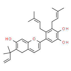 ChemSpider 2D Image | 5-[7-Hydroxy-6-(2-methyl-3-buten-2-yl)-5H-chromen-2-yl]-3,4-bis(3-methyl-2-buten-1-yl)-1,2-benzenediol | C30H36O4