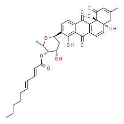 ChemSpider 2D Image | (6R)-2,6-Anhydro-3-O-[(2E,4E)-2,4-decadienoyl]-1,5-dideoxy-6-[(4aR,12bR)-4a,8,12b-trihydroxy-3-methyl-1,7,12-trioxo-1,4,4a,7,12,12b-hexahydro-9-tetraphenyl]-L-arabino-hexitol | C35H38O10
