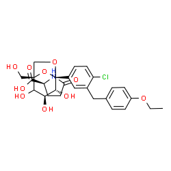 ChemSpider 2D Image | (2S)-5-Oxo-2-pyrrolidinecarboxylic acid - (1S,3S,4R,5S)-5-[4-chloro-3-(4-ethoxybenzyl)phenyl]-1-(hydroxymethyl)-6,8-dioxabicyclo[3.2.1]octane-2,3,4-triol (1:1) (non-preferred name) | C27H32ClNO10