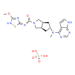 ChemSpider 2D Image | (3aR,5s,6aS)-N-[(5E)-3-Methoxy-1,2,4-thiadiazol-5(2H)-ylidene]-5-[methyl(7H-pyrrolo[2,3-d]pyrimidin-4-yl)amino]hexahydrocyclopenta[c]pyrrole-2(1H)-carboxamide sulfate (1:1) | C18H24N8O6S2