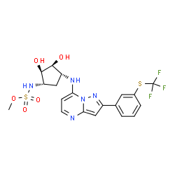 ChemSpider 2D Image | Methyl {(1S,2R,3S,4R)-2,3-dihydroxy-4-[(2-{3-[(trifluoromethyl)sulfanyl]phenyl}pyrazolo[1,5-a]pyrimidin-7-yl)amino]cyclopentyl}sulfamate | C19H20F3N5O5S2