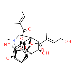 ChemSpider 2D Image | (1S,2R,3S,4S,5S,7S,9S,13S,14R,15R,16S,17R)-2,3,4,7-Tetrahydroxy-9,11-dimethyl-15-{[(2E)-2-methyl-2-butenoyl]oxy}-19-methylene-11-azahexacyclo[12.3.2.0~1,13~.0~4,9~.0~5,12~.0~5,17~]nonadec-16-yl (2E)-4
-hydroxy-2-methyl-2-butenoate | C31H43NO9