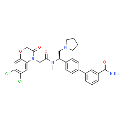 ChemSpider 2D Image | 4'-[(1R)-1-{[(6,7-Dichloro-3-oxo-2,3-dihydro-4H-1,4-benzoxazin-4-yl)acetyl](methyl)amino}-2-(1-pyrrolidinyl)ethyl]-3-biphenylcarboxamide | C30H30Cl2N4O4