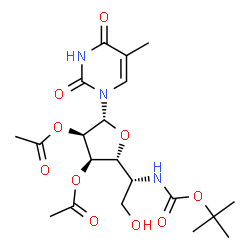 ChemSpider 2D Image | 1-[2,3-Di-O-acetyl-5-deoxy-5-({[(2-methyl-2-propanyl)oxy]carbonyl}amino)-beta-D-allofuranosyl]-5-methyl-2,4(1H,3H)-pyrimidinedione | C20H29N3O10