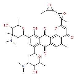 ChemSpider 2D Image | 10-[4-(Dimethylamino)-5-hydroxy-4,6-dimethyltetrahydro-2H-pyran-2-yl]-8-[4-(dimethylamino)-5-hydroxy-6-methyltetrahydro-2H-pyran-2-yl]-2-(3,3'-dimethyl-2,2'-bioxir-3-yl)-11-hydroxy-5-methyl-4H-naphtho
[2,3-h]chromene-4,7,12-trione | C41H50N2O11