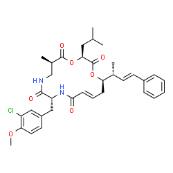 ChemSpider 2D Image | (3S,6R,10R,13E,16R)-10-(3-Chloro-4-methoxybenzyl)-3-isobutyl-6-methyl-16-[(2R,3E)-4-phenyl-3-buten-2-yl]-1,4-dioxa-8,11-diazacyclohexadec-13-ene-2,5,9,12-tetrone | C35H43ClN2O7