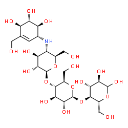 ChemSpider 2D Image | 4-Deoxy-4-{[(1R,4R,5S,6S)-4,5,6-trihydroxy-3-(hydroxymethyl)-2-cyclohexen-1-yl]amino}-beta-D-glucopyranosyl-(1->4)-beta-D-glucopyranosyl-(1->4)-D-glucopyranose | C25H43NO19