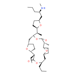 ChemSpider 2D Image | (1R,2R,5S,7S,10R,11S,14R,16S)-2-Ethyl-11-methyl-14-[(1R)-1-{(2R,5S)-5-[(2R)-2-(methylamino)pentyl]tetrahydro-2-furanyl}ethyl]-5-propyl-4,13,19,20-tetraoxatricyclo[14.2.1.1~7,10~]icosane-3,12-dione | C34H59NO7