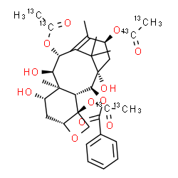 ChemSpider 2D Image | (2alpha,5beta,7beta,9alpha,10beta,13alpha)-4,10,13-Tris[(~13~C_2_)ethanoyloxy]-1,7,9-trihydroxy-5,20-epoxytax-11-en-2-yl benzoate | C2713C6H42O12
