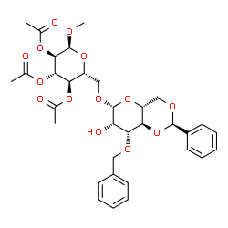 ChemSpider 2D Image | Methyl 2,3,4-tri-O-acetyl-6-O-(3-O-benzyl-4,6-O-benzylidene-beta-D-mannopyranosyl)-alpha-D-glucopyranoside | C33H40O14