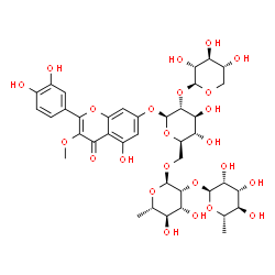ChemSpider 2D Image | 2-(3,4-Dihydroxyphenyl)-5-hydroxy-3-methoxy-4-oxo-4H-chromen-7-yl 6-deoxy-alpha-L-mannopyranosyl-(1->2)-6-deoxy-alpha-L-mannopyranosyl-(1->6)-[beta-D-xylopyranosyl-(1->2)]-beta-D-glucopyranoside | C39H50O24