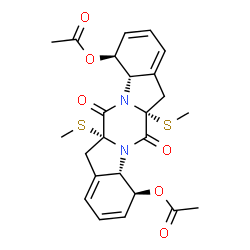 ChemSpider 2D Image | (4S,4aS,6aR,11S,11aS,13aR)-6a,13a-Bis(methylsulfanyl)-6,13-dioxo-4,6a,7,11,11a,13,13a,14-octahydro-4aH,6H-indolo[1',2':4,5]pyrazino[1,2-a]indole-4,11-diyl diacetate | C24H26N2O6S2