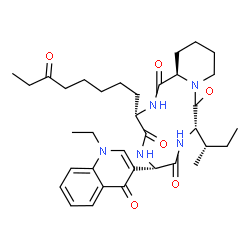 ChemSpider 2D Image | (3S,6S,9S,15aR)-9-[(2S)-2-Butanyl]-6-(1-ethyl-4-oxo-1,4-dihydro-3-quinolinyl)-3-(6-oxooctyl)octahydro-2H-pyrido[1,2-a][1,4,7,10]tetraazacyclododecine-1,4,7,10(3H,12H)-tetrone | C35H49N5O6