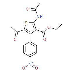 ChemSpider 2D Image | Ethyl 2-acetamido-5-acetyl-4-(4-nitrophenyl)-3-thiophenecarboxylate | C17H16N2O6S