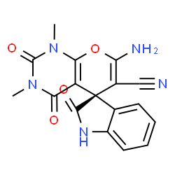 ChemSpider 2D Image | (3R)-7'-Amino-1',3'-dimethyl-2,2',4'-trioxo-1,1',2,2',3',4'-hexahydrospiro[indole-3,5'-pyrano[2,3-d]pyrimidine]-6'-carbonitrile | C17H13N5O4
