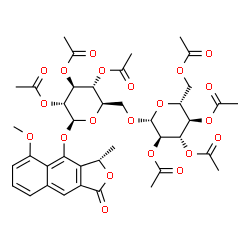 ChemSpider 2D Image | [(2R,3R,4S,5R,6S)-4,5-diacetoxy-6-[[(1S)-8-methoxy-1-methyl-3-oxo-1H-benzo[f]isobenzofuran-9-yl]oxy]-2-[[(2R,3R,4S,5R,6R)-3,4,5-triacetoxy-6-(acetoxymethyl)tetrahydropyran-2-yl]oxymethyl]tetrahydropyran-3-yl] acetate | C40H46O21