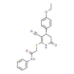 ChemSpider 2D Image | 2-{[(4S)-3-Cyano-4-(4-ethoxyphenyl)-6-oxo-1,4,5,6-tetrahydro-2-pyridinyl]sulfanyl}-N-phenylacetamide | C22H21N3O3S