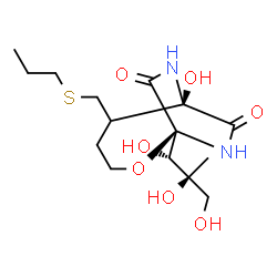 ChemSpider 2D Image | (1S,6R)-6-Hydroxy-5-[(propylsulfanyl)methyl]-1-[(1S,2S)-1,2,3-trihydroxy-2-methylpropyl]-2-oxa-7,9-diazabicyclo[4.2.2]decane-8,10-dione | C15H26N2O7S