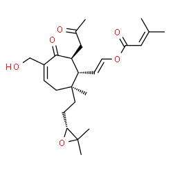 ChemSpider 2D Image | (E)-2-[(1S,2S,7S)-2-{2-[(2R)-3,3-Dimethyl-2-oxiranyl]ethyl}-5-(hydroxymethyl)-2-methyl-6-oxo-7-(2-oxopropyl)-4-cyclohepten-1-yl]vinyl 3-methyl-2-butenoate | C25H36O6